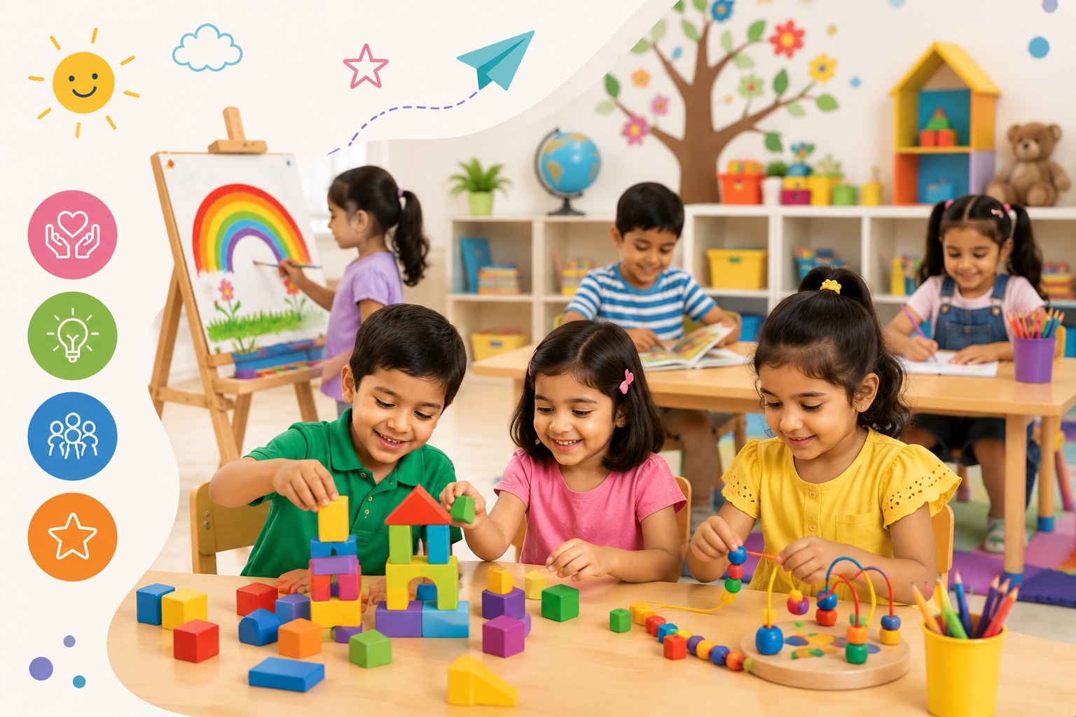 Children at Hind International School painting a rainbow at an easel and building with colourful blocks in their pre-primary classroom